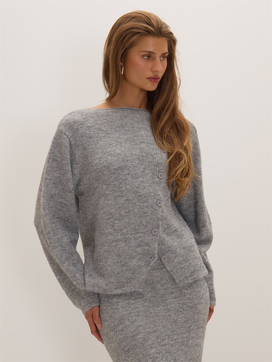 MUSEYN Grey Knit Asymmetric Button Sweater Everyday Casual Chic Date Night New Season Cosy Elegant - Grey - View 1