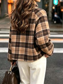 SHEIN Vintage Brown Plaid Stand Collar Short Wool Jacket Women Autumn Winter Loose Raglan Sleeve Plaid Overcoat - Brown - View 2