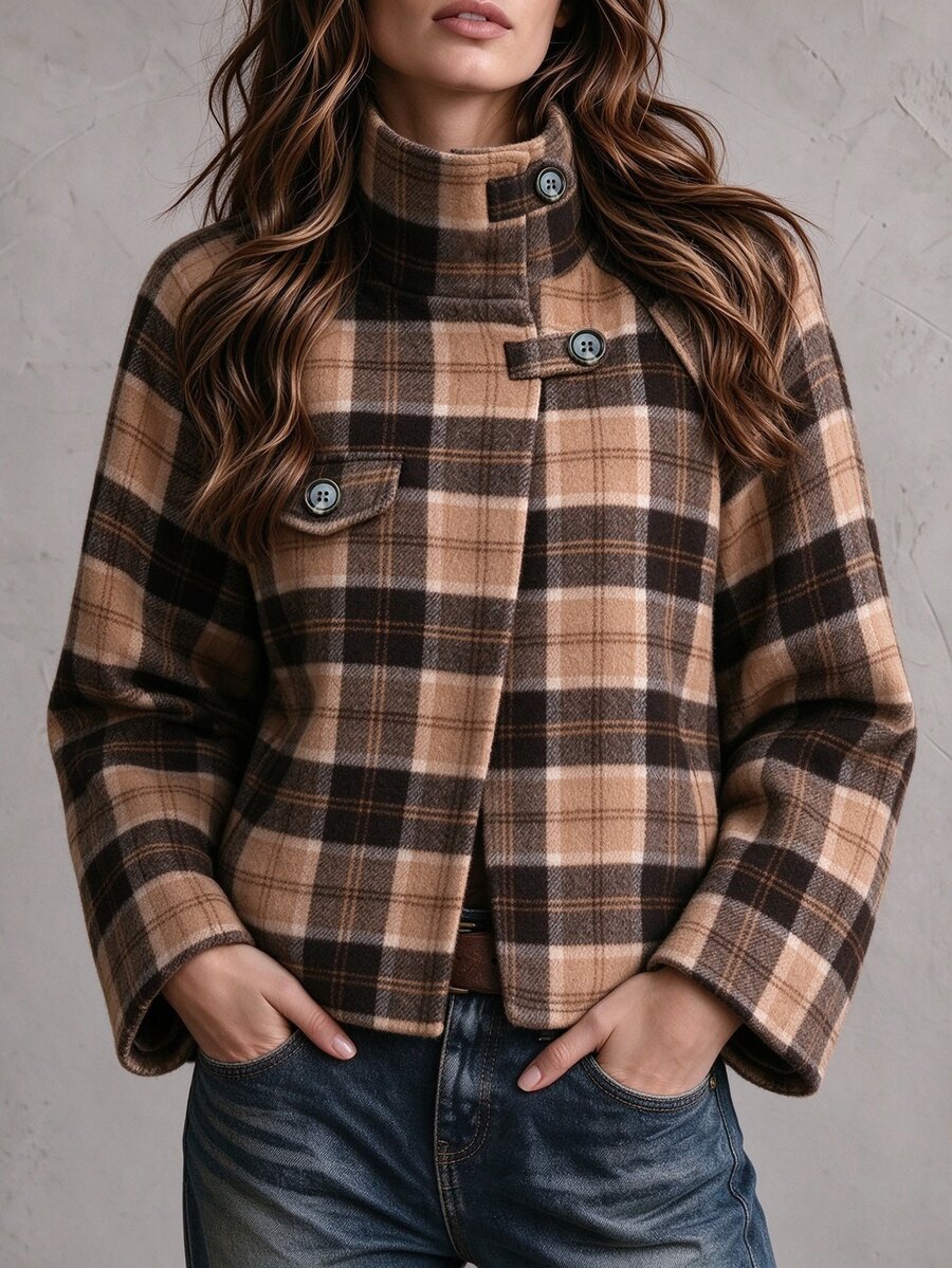 SHEIN Vintage Brown Plaid Stand Collar Short Wool Jacket Women Autumn Winter Loose Raglan Sleeve Plaid Overcoat - Brown - View 1