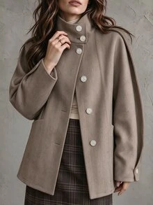 SHEIN 復古人字紋立領長款大衣，寬鬆落肩休閒通勤女款羊毛大衣 - 摩卡棕 - 查看 1