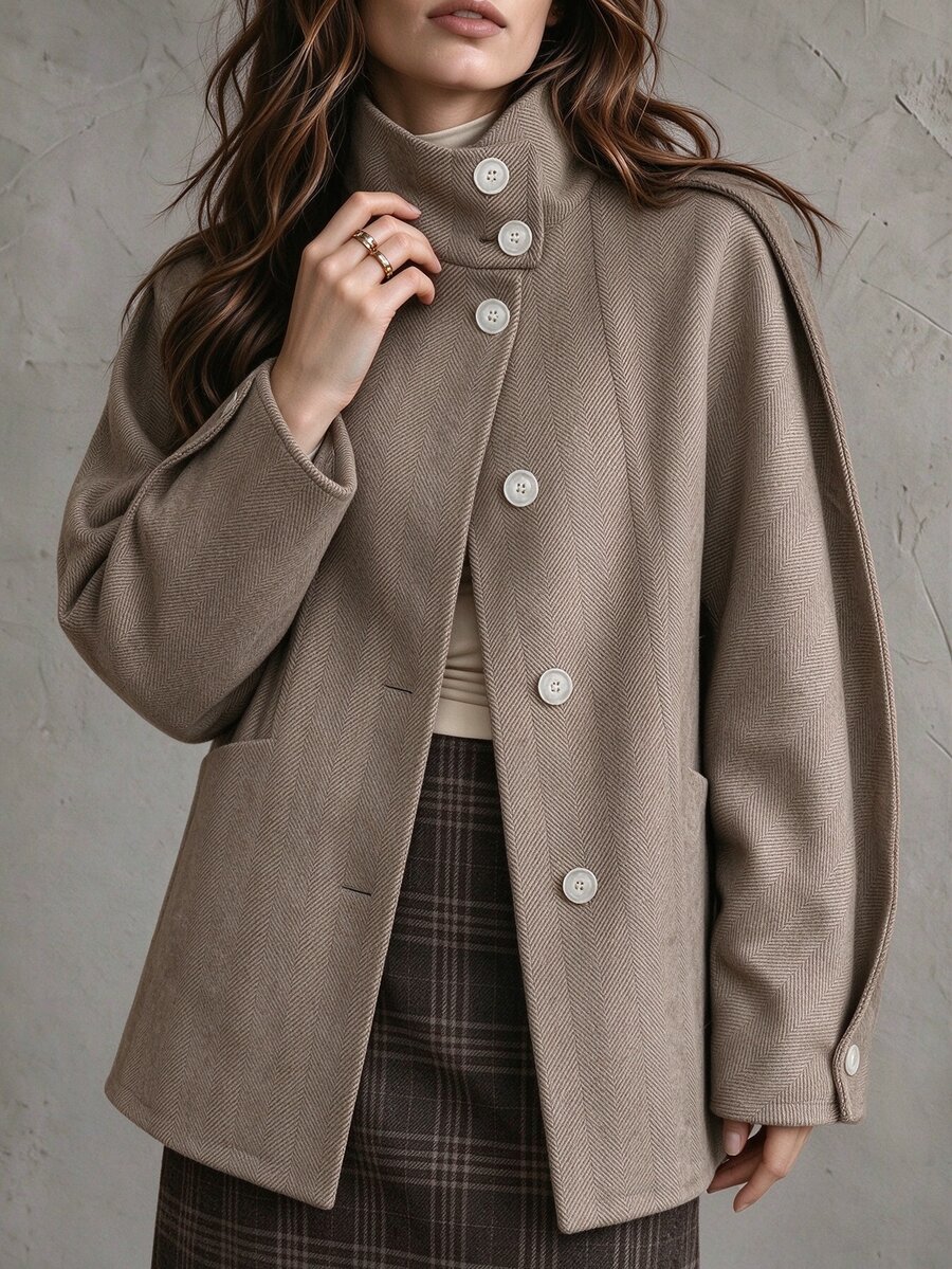 SHEIN 復古人字紋立領長款大衣,寬鬆落肩休閒通勤女款羊毛大衣 - 摩卡棕 - 查看 1