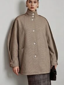 SHEIN 復古人字紋立領長款大衣，寬鬆落肩休閒通勤女款羊毛大衣 - 摩卡棕 - 查看 6