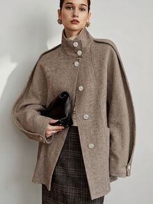 SHEIN 復古人字紋立領長款大衣，寬鬆落肩休閒通勤女款羊毛大衣 - 摩卡棕 - 查看 4