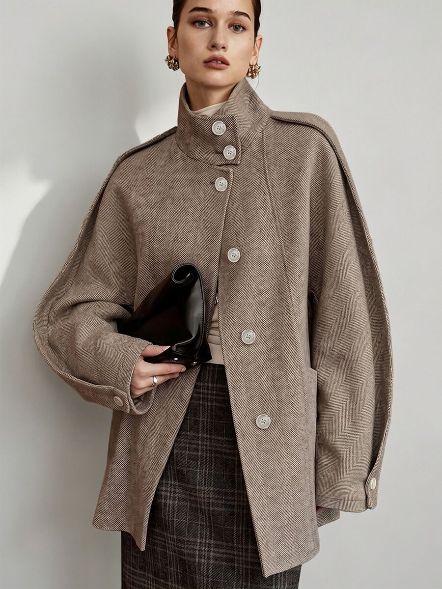 Lumivelle Vintage Elegant Herringbone Pattern Stand Collar Long Overcoat, Loose Drop Shoulder Casual Commute Office Women's Wool Overcoat Taupe Fall - Mocha Brown - View 1