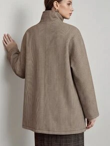 SHEIN 復古人字紋立領長款大衣，寬鬆落肩休閒通勤女款羊毛大衣 - 摩卡棕 - 查看 3