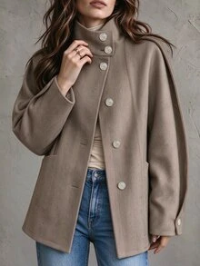 SHEIN 復古人字紋立領長款大衣，寬鬆落肩休閒通勤女款羊毛大衣 - 摩卡棕 - 查看 2