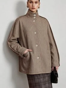 SHEIN 復古人字紋立領長款大衣，寬鬆落肩休閒通勤女款羊毛大衣 - 摩卡棕 - 查看 5