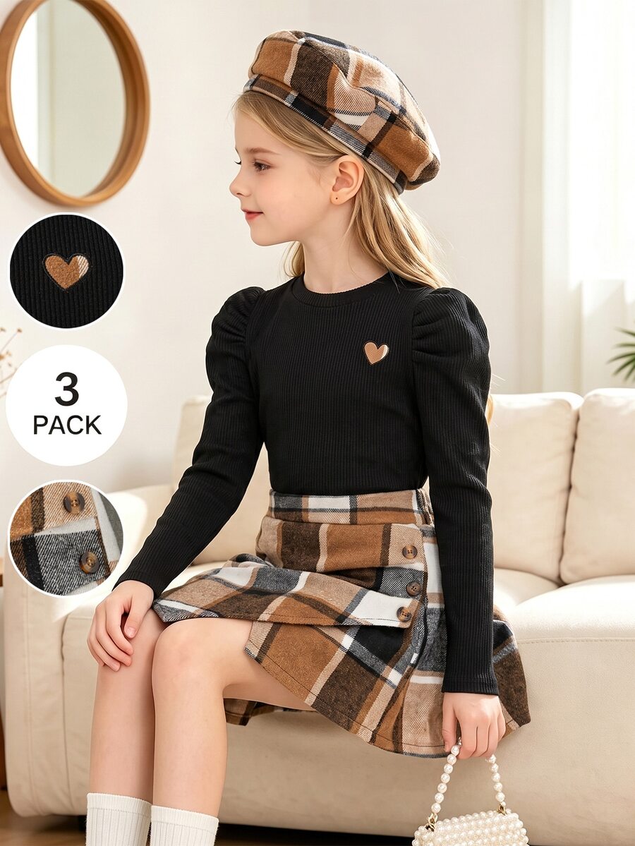 Tween女孩 T恤套裝,Tween女孩愛心刺繡泡泡袖羅紋針織上衣 + 格紋裙 + 帽子 3件套,甜美秋/冬穿搭,適合日常穿著、派對等多種場合 - 黑色 - 查看 1