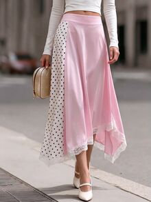 SHEIN Women's Sweet Romantic Cute Pink Polka Dot Print Contrast Lace Trim Asymmetrical Skirt Brunch Tea Party Summer - Pink - View 1