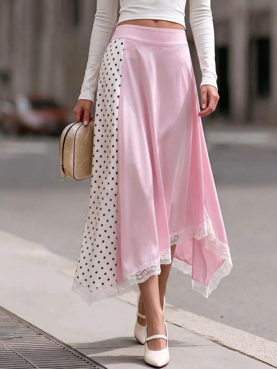 SHEIN Women's Sweet Romantic Cute Pink Polka Dot Print Contrast Lace Trim Asymmetrical Skirt Brunch Tea Party Summer - Pink - View 1