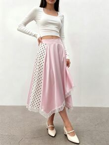 SHEIN Women's Sweet Romantic Cute Pink Polka Dot Print Contrast Lace Trim Asymmetrical Skirt Brunch Tea Party Summer - Pink - View 6