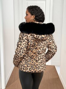 Slayform Slayform Winter Multi-Color Leopard Print Detachable Hood Padded Coat - Multicolor - View 8