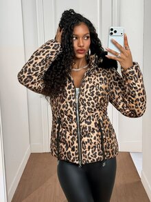 Slayform Slayform Winter Multi-Color Leopard Print Detachable Hood Padded Coat - Multicolor - View 3