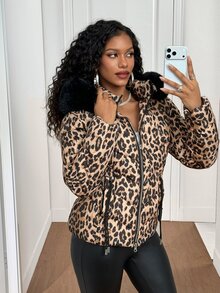 Slayform Slayform Winter Multi-Color Leopard Print Detachable Hood Padded Coat - Multicolor - View 4