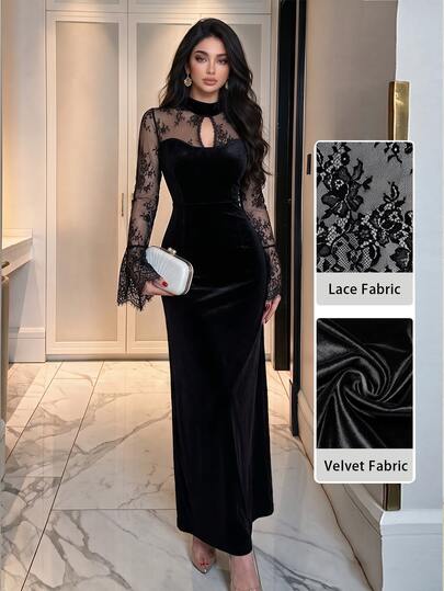 Modelyn فستان نسائي أنيق من المخمل والدانتيل المتباين برقبة عالية وتصميم مفرغ وأكمام طويلة واسعة بقصة ضيقة، مناسب للزفاف والسهرات والمناسبات والمواعيد في الخريف والشتاء، بأسلوب فاخر ومشاهير