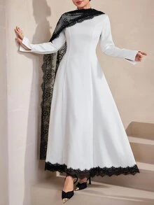 Graceveil Women's Elegant Lace Shawl Long Sleeve A-Line Evening Dress/Cocktail Dress, Black And White Color Block, Spring And Autumn - Black and White - View 2
