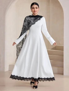 Graceveil Women's Elegant Lace Shawl Long Sleeve A-Line Evening Dress/Cocktail Dress, Black And White Color Block, Spring And Autumn - Black and White - View 8