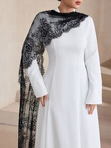 Graceveil Women's Elegant Lace Shawl Long Sleeve A-Line Evening Dress/Cocktail Dress, Black And White Color Block, Spring And Autumn - Black and White - View 7
