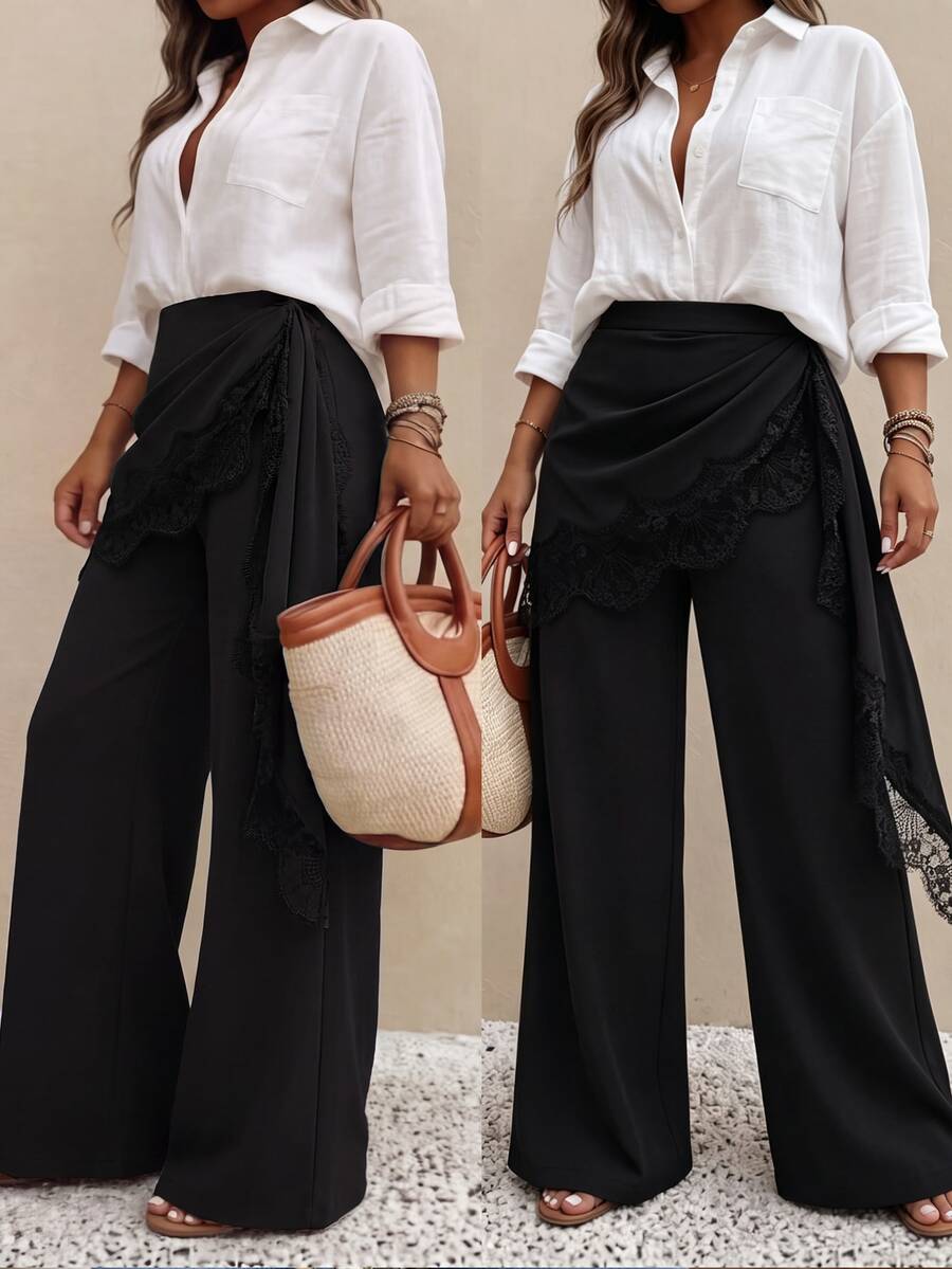 SHEIN Clasi Plus Size Women's Spring/Summer Fashion Lace Patchwork Tie-Up Straight Leg Pants, Business/Casual Wear Fall - Black - View 1