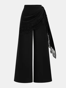 SHEIN Clasi Plus Size Women's Spring/Summer Fashion Lace Patchwork Tie-Up Straight Leg Pants, Business/Casual Wear Fall - Black - View 3