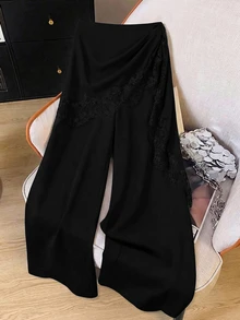 SHEIN Clasi Plus Size Women's Spring/Summer Fashion Lace Patchwork Tie-Up Straight Leg Pants, Business/Casual Wear Fall - Black - View 6