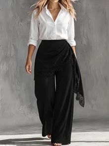 SHEIN Clasi Plus Size Women's Spring/Summer Fashion Lace Patchwork Tie-Up Straight Leg Pants, Business/Casual Wear Fall - Black - View 7