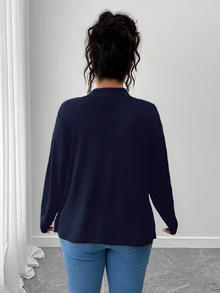 SHEIN PETITE CURVE Plus Size Women's Solid Color Casual Versatile Daily Outing Cardigan Fall - Navy Blue - View 2