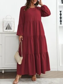 Vionelle 大尺碼女款春夏純色圓領燈籠袖荷葉邊鬆身休閒長洋裝女裝套裝 - 酒紅色 - 查看 6
