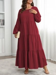 Vionelle 大尺碼女款春夏純色圓領燈籠袖荷葉邊鬆身休閒長洋裝女裝套裝 - 酒紅色 - 查看 5