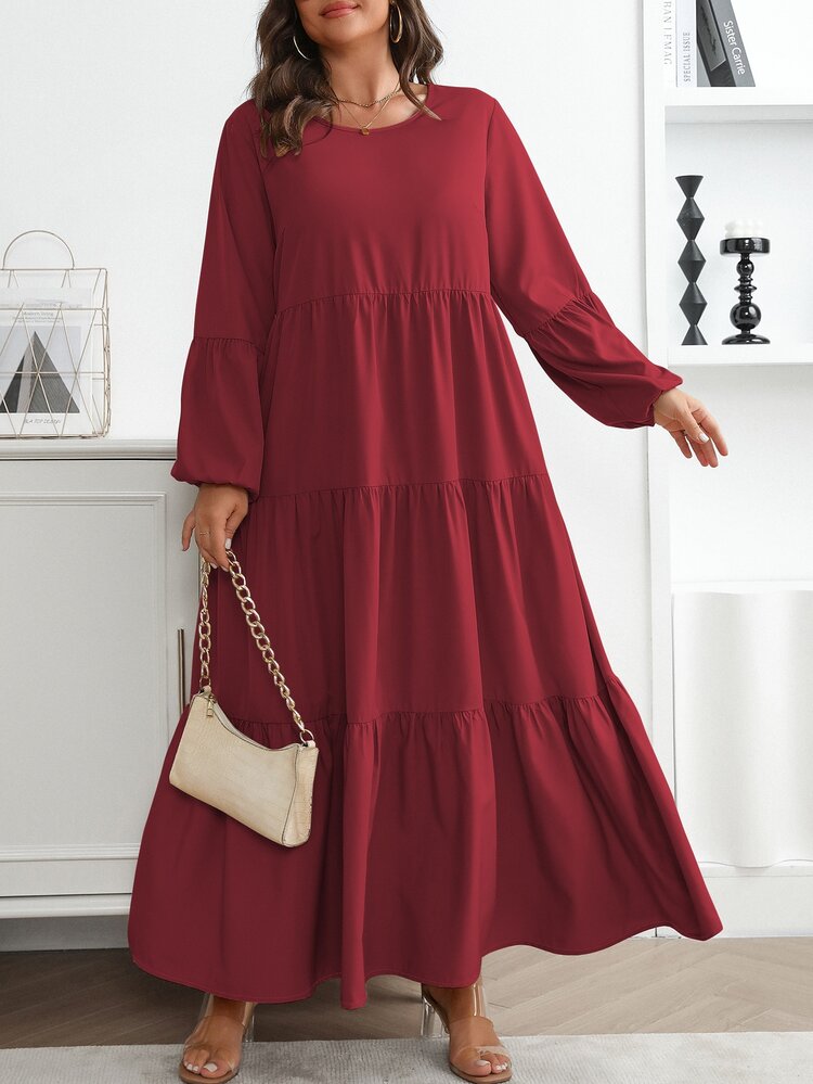 Vionelle Plus Size Women's Spring Summer Solid Round Neck Lantern Sleeve Ruffle Hem Loose Casual Dress Maxi Women Outfit - Burgundy - View 7