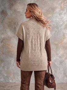 Ceyna Plus Size Women's Fashion Textured Semi-High Neck Khaki Short Sleeve Pullover Sweater, Casual Versatile Everyday Autumn/Winter Top - Khaki - View 2