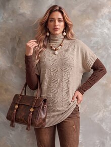 Ceyna Plus Size Women's Fashion Textured Semi-High Neck Khaki Short Sleeve Pullover Sweater, Casual Versatile Everyday Autumn/Winter Top - Khaki - View 5
