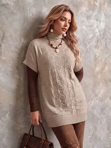 Ceyna Plus Size Women's Fashion Textured Semi-High Neck Khaki Short Sleeve Pullover Sweater, Casual Versatile Everyday Autumn/Winter Top - Khaki - View 4
