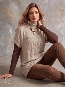 Ceyna Plus Size Women's Fashion Textured Semi-High Neck Khaki Short Sleeve Pullover Sweater, Casual Versatile Everyday Autumn/Winter Top - Khaki - View 6