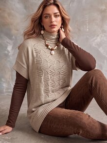 Ceyna Plus Size Women's Fashion Textured Semi-High Neck Khaki Short Sleeve Pullover Sweater, Casual Versatile Everyday Autumn/Winter Top - Khaki - View 8