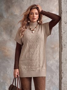 Ceyna Plus Size Women's Fashion Textured Semi-High Neck Khaki Short Sleeve Pullover Sweater, Casual Versatile Everyday Autumn/Winter Top - Khaki - View 3