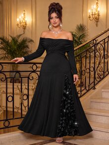 Roveilla Plus Size Long Sleeve V-Neck Sequin Patchwork 3D Floral Flared Hem Slimming Party Dinner Formal Birthday Cocktail Dress Wedding Black Autumn Elegant - Black - View 6