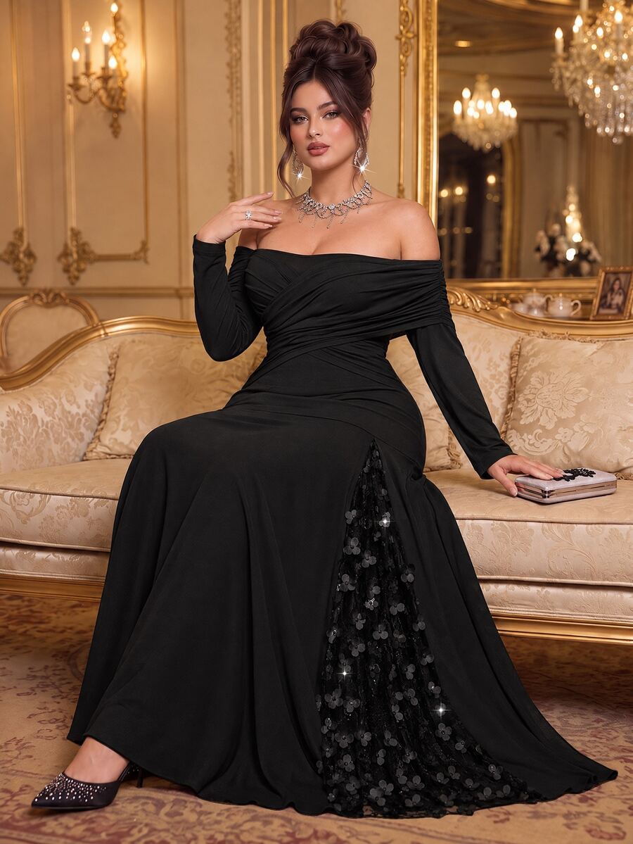 Roveilla Plus Size Long Sleeve V-Neck Sequin Patchwork 3D Floral Flared Hem Slimming Party Dinner Formal Birthday Cocktail Dress Wedding Black Autumn Elegant - Black - View 1