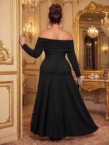 Roveilla Plus Size Long Sleeve V-Neck Sequin Patchwork 3D Floral Flared Hem Slimming Party Dinner Formal Birthday Cocktail Dress Wedding Black Autumn Elegant - Black - View 2