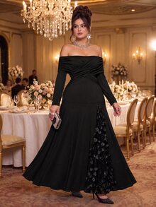 Roveilla Plus Size Long Sleeve V-Neck Sequin Patchwork 3D Floral Flared Hem Slimming Party Dinner Formal Birthday Cocktail Dress Wedding Black Autumn Elegant - Black - View 4
