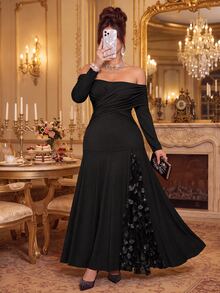 Roveilla Plus Size Long Sleeve V-Neck Sequin Patchwork 3D Floral Flared Hem Slimming Party Dinner Formal Birthday Cocktail Dress Wedding Black Autumn Elegant - Black - View 3