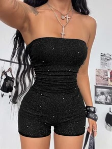 StreetHx Women's Black Sequin Bandeau Fitted Jumpsuit, Versatile Party Club Going Out Style. Halloween Summer Sexy - Black - View 6