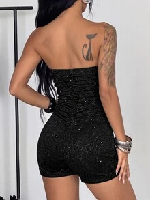 StreetHx Women's Black Sequin Bandeau Fitted Jumpsuit, Versatile Party Club Going Out Style. Halloween Summer Sexy - Black - View 2