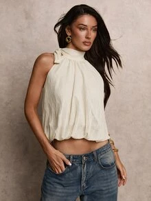 SHEIN Unity 女款奶油白色紋理布料掛脖綁帶無袖套頭上衣襯衫，休閒浪漫優雅上衣，適合早午餐、度假、夏季、雞尾酒會 - 杏色 - 查看 8