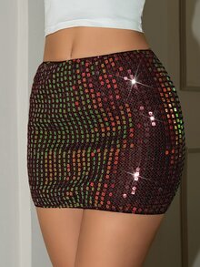 SHEIN Glamour 夏季漸層全息亮片高腰迷你貼身裙 反光重工性感復古Y2K萬聖節黑色格紋夜店派對裙 - 棕色 - 查看 5