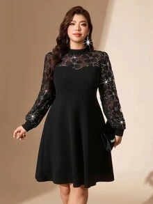 Comfylo 大尺碼優雅通勤花卉亮片網紗拼接洋裝 秋季 - 黑色 - 查看 4