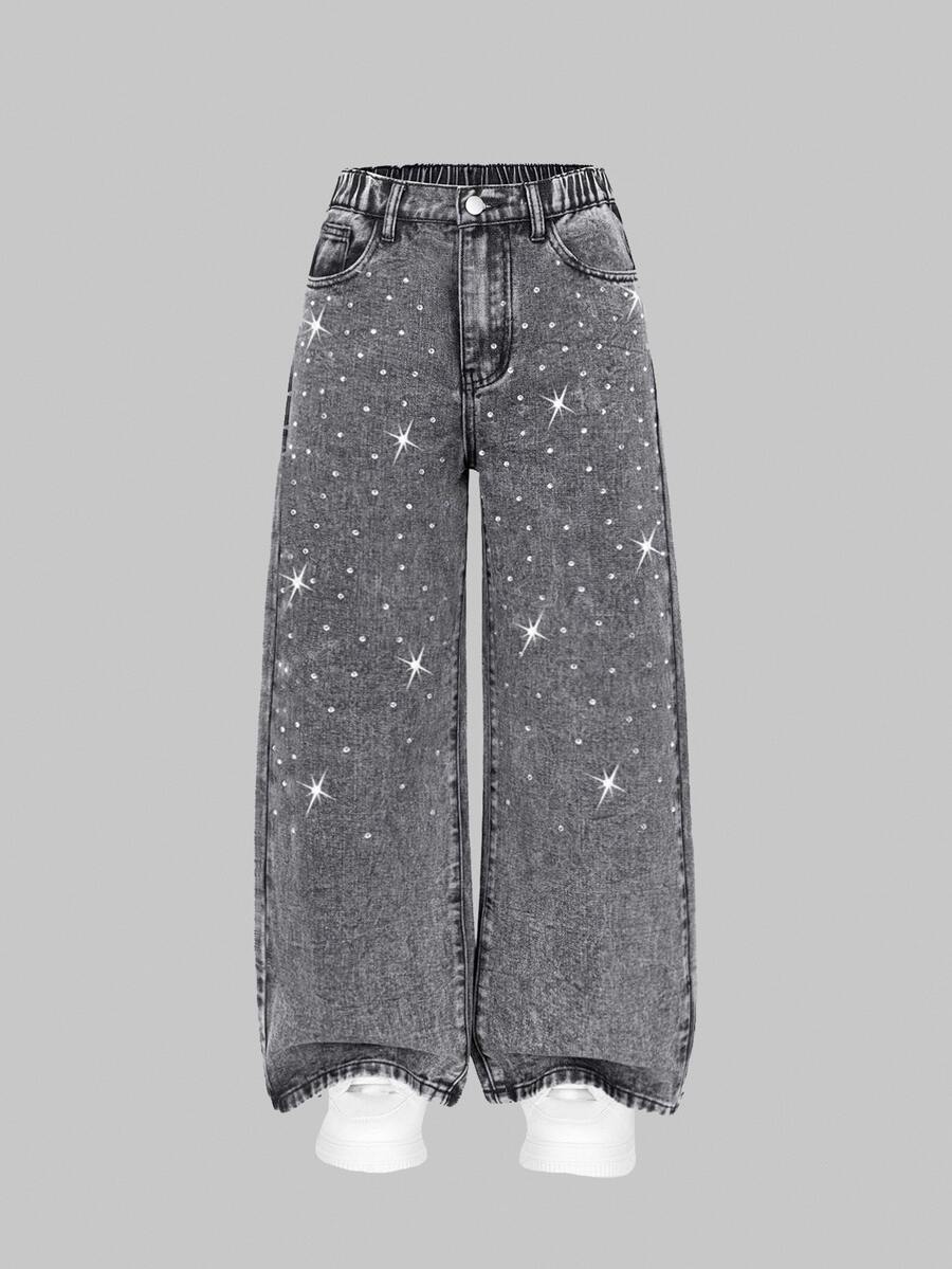 SHEIN 青少年女孩淺灰色時尚簡約休閒街頭風水鑽裝飾寬鬆寬腿水洗牛仔褲，適合夏季日常、上學與假期