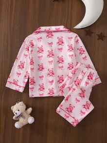 SHEIN 女嬰甜美可愛優雅親膚柔軟舒適休閒日常穿著卡通蝴蝶結泰迪熊印花開襟針織長袖上衣與長褲2件套家居服 - 淺粉色 - 查看 2