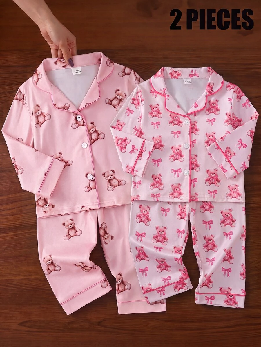 SHEIN 女嬰甜美可愛優雅親膚柔軟舒適休閒日常穿著卡通蝴蝶結泰迪熊印花開襟針織長袖上衣與長褲2件套家居服 - 淺粉色 - 查看 1