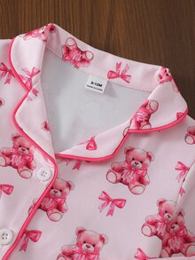 SHEIN 女嬰甜美可愛優雅親膚柔軟舒適休閒日常穿著卡通蝴蝶結泰迪熊印花開襟針織長袖上衣與長褲2件套家居服 - 淺粉色 - 查看 5